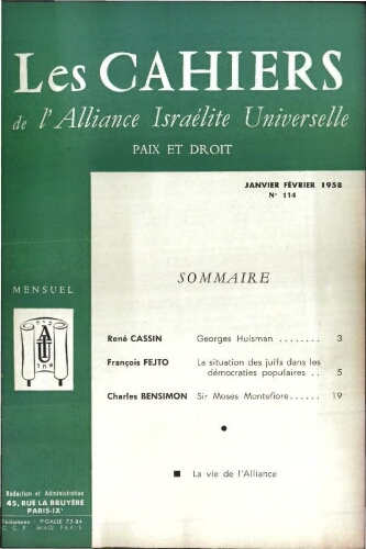 Les Cahiers de l'Alliance Israélite Universelle (Paix et Droit).  N°114 (01 janv. 1958)